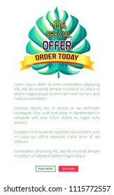 Special offer order today 15% off promo logo. Summer sale emblem with tropical plant leaf. Exclusive logotype isolated vector web poster design