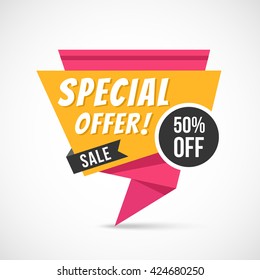 Special offer origami banner. Big sale, super discount, exclusive price, 50% off concepts. Paper banner with special offer and sale words. Vector illustration isolated on trendy gradient background