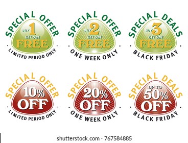 Special Offer Oval Triangles, Buy One Get One Free, 10% Off editable vector graphic design device.