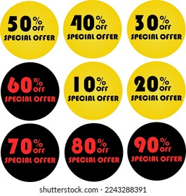Sonderangebot-Paket auf gelbem und schwarzem Hintergrund, Symbole 10 % bis 90 % Rabatt