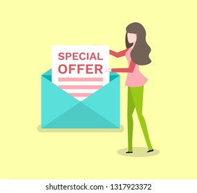 Special offer paper in envelope and woman isolated. Vector cartoon girl send message with promo proposal, mail and brunette female, shopping concept