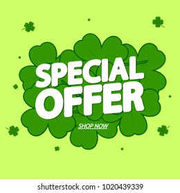 Special Offer, Patricks Day Sale banner, discount tag design template, app icon, vector illustration