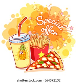 Special Offer with pineapple juice, a slice of pizza and french fries. Delicious fast-food on the bright yellow colorful background. Vector cartoon illustration.