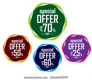 Special Offer Polygon Labels , Up to 70% Off, Colorful Discount Tags Vector, up to 70%, 60%, 50%, 25%. Perfect for online store promotions, seasonal campaigns, Black Friday