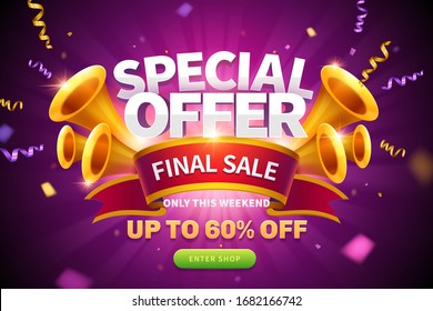 Special offer pop up ads with streamers flying out from trumpets and final sale written on red ribbon for publicity, glowing purple background
