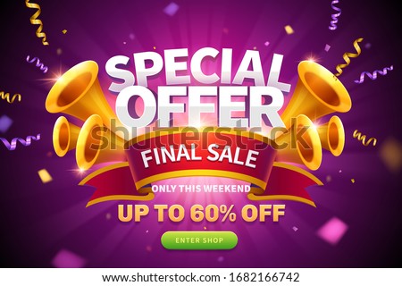Special offer pop up ads with streamers flying out from trumpets and final sale written on red ribbon for publicity, glowing purple background Сток-фото © 