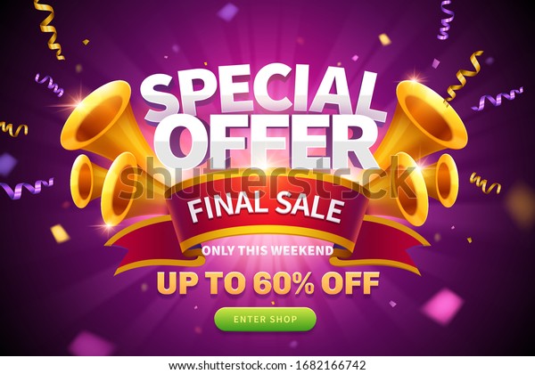 Special offer pop up ads with streamers flying
out from trumpets and final sale written on red ribbon for
publicity, glowing purple
background