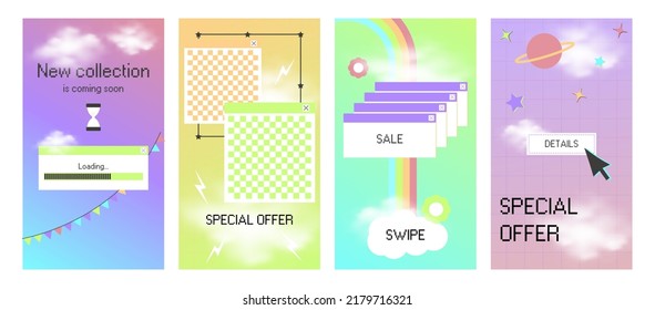 Special offer post mockup. Social media ig template for y2k style stories with realictic clouds. Loading window for new collection announcement. 