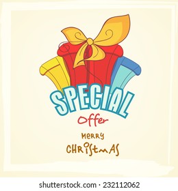 Special offer poster, banner or flyer with colorful gift boxes for Merry Christmas celebrations .