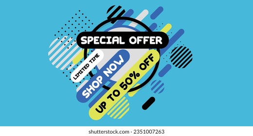 Special offer poster. Bright memphis poster or banner that says up to 50% off. Blue abstract, eye-catching discount poster.