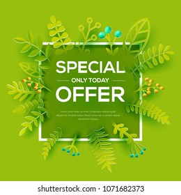 Special offer poster invitation card. Square green banner with green leaves. Seasonal banner in trendy paper art style. Design template for print or web. Vector illustration