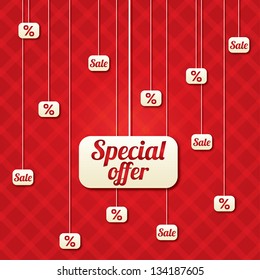 Special offer poster with percent discount (vector). Abstract sale background. Shopping modern icons.