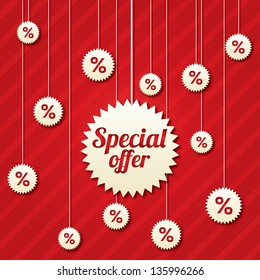 Afiche de oferta especial con descuento porcentual (vector). Antecedentes de venta abstracta. Comprando iconos modernos.