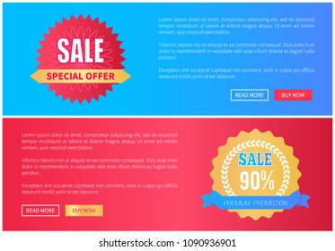 Special offer premium promotion sale round labels stamps with info about total discounts set of web pages with push buttons, vector illustration stickers