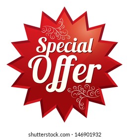Special offer price tag (vector). Red sticker with floral pattern. Icon for sale. Isolated on white.