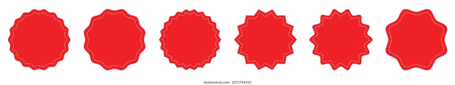 Special offer or price tag vector set in red color. Collection of empty circular stamp signs. Starburst sale price stickers and labels. Flat style. Vector illustration.