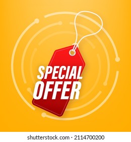 Special Offer price tag yellow colored. Discount label. Vector stock illustration.