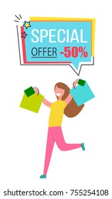Special offer promo sticker speech bubble 50% discount offer with happy woman shopping and jumping vector illustration isolated label white background