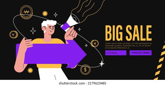 Special offer, promotion, big seasonal sale or discount vector character illustration concept for banner, web or landing page. Man hold arrow and speak in loud speaker announcing black friday sale.