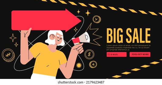 Special Offer, Promotion, Big Seasonal Sale Or Discount Vector Character Illustration Concept For Banner, Web Or Landing Page. Woman Hold Arrow And Speak In Loud Speaker Announcing Black Friday Sale.