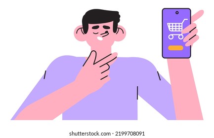 Special offer, promotion, big seasonal sale or discount vector character illustration concept for banner, web or landing page. Man hold smartphone with shopping cart ready for black friday sale.