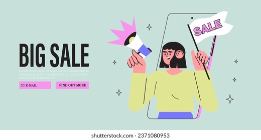 Special offer, promotion, big seasonal sale or discount vector character illustration concept for banner, web or landing page. Man hold banner or placard with sale or black friday announcement.