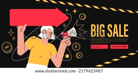 Special offer, promotion, big seasonal sale or discount vector character illustration concept for banner, web or landing page. Woman hold arrow and speak in loud speaker announcing black friday sale.
