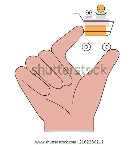 Special offer, promotion, big seasonal sale or discount vector character illustration concept for banner, web or landing page. Customer hand hold shopping cart with bought items on black friday sale.