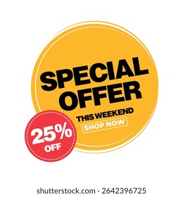 Promoção de Oferta Especial: Um distintivo promocional vibrante com o texto "Oferta Especial", 25% OFF e Comprar Agora botão contra fundo amarelo.	