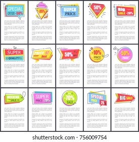Special offer promotional banners with huge bright signs about discount and price reduction with sample text underneath vector illustrations.