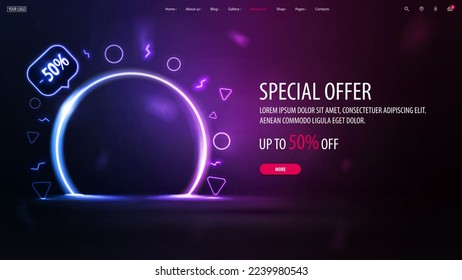 Special offer, purple discount banner with offer, button and neon pink and blue round frames in dark scene