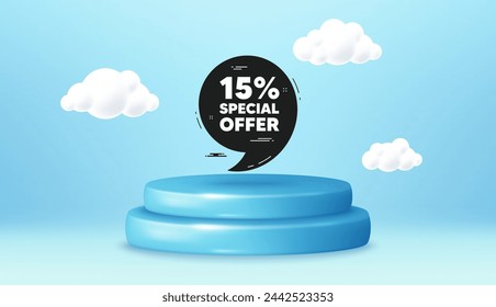 Special offer qoute banner. Winner podium 3d base. Product offer pedestal. Discount sticker with comma. Gift coupon icon. Special offer promotion message. Background with 3d clouds. Vector