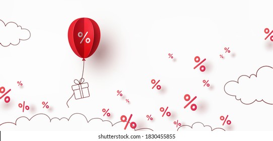 Special offer red balloon and gift box flying on sky background. Promo banner with percent off baloon discount sale. Vector pattern for weekend promotion, best price or Black Friday design