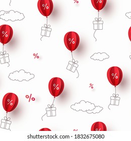 Oferta especial globos rojos y cajas de regalo volando sobre el fondo del cielo. Banner promocional con un porcentaje de descuento por baluon. Patrón de vectores sin fisuras para la promoción de fin de semana, mejor precio o diseño de Black Friday