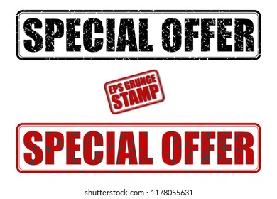 Special offer red and black text grunge rubber ink postage stamp isolated on white background. Grungy vector stencil sticker illustration. Retro shabby poster.  Vintage rectangular tag template. 