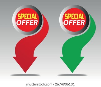 Special Offer Red and Green Arrow Down Vector Label, Discount Sale Promotion Tag