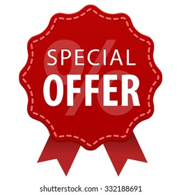 Special Offer red label with a seam and ribbons icon isolated on white background. Christmas, Limited. Vector illustration