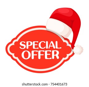 Special offer red oval label under Santa Claus hat with white ball. High time for hot winter seasonal discounts for goods in shops and Internet. Vector illustration of tag and inscription inside