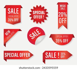 Oferta especial Parches rojos, Venta de diseño de pegatinas de banner, compras en línea web banners parches. Etiquetas de la venta, banderas de la oferta especial, iconos de la venta del diseño del marcador de la esquina, 30% de descuento en etiquetas de diseño