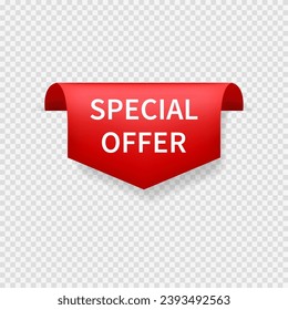 Special offer red ribbon, tag, label, sticker. Ribbon sale badge, banner, price tag. Vector illustration.