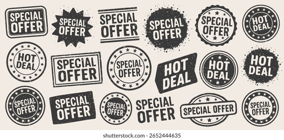 Oferta especial conjunto de vetores de selo grunge retro. Hot Deal vintage coleção de modelos de carimbo. Pacote de selo de oferta especial. Selo hot deal. Imagem de ilustração vetorial. Um fundo branco isolado.