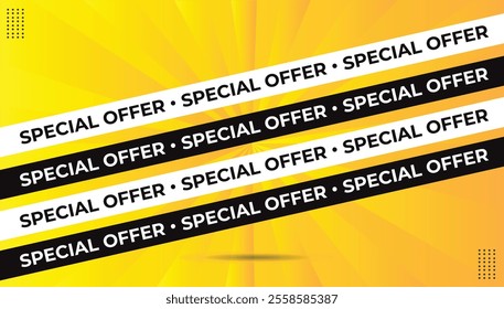 Special offer ribbon template in EPS format. Features bold font, sleek black and white shapes, and a vibrant yellow-orange gradient background. Perfect for banners, promotions, and modern designs