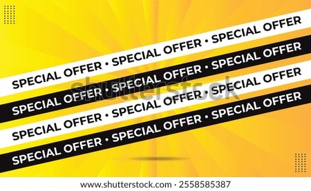 Special offer ribbon template in EPS format. Features bold font, sleek black and white shapes, and a vibrant yellow-orange gradient background. Perfect for banners, promotions, and modern designs