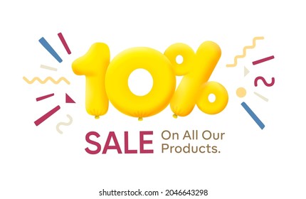 Special offer sale 10% discount 3D number Yellow tag voucher vector illustration. Discount season label 10 percent off promotion advertising summer sale coupon promo marketing banner holiday weekend