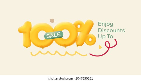 Special offer sale 100% discount 3D number Yellow tag voucher vector illustration. Discount season label 100 percent off promotion advertising summer sale coupon promo marketing banner holiday weekend