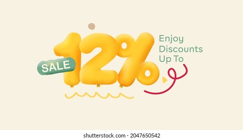 Special offer sale 12% discount 3D number Yellow tag voucher vector illustration. Discount season label 12 percent off promotion advertising summer sale coupon promo marketing banner holiday weekend