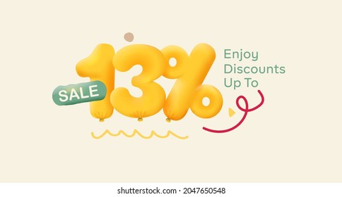 Oferta especial 13% descuento número 3D Etiqueta Amarilla vectorial ilustración. Etiqueta de temporada de descuento 13 por ciento menos promoción publicidad venta de verano cupón promocional banner de marketing fin de semana festivo