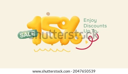 Special offer sale 15% discount 3D number Yellow tag voucher vector illustration. Discount season label 15 percent off promotion advertising summer sale coupon promo marketing banner holiday weekend