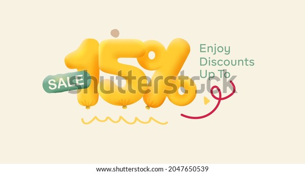 Special offer sale 15% discount 3D number Yellow\
tag voucher vector illustration. Discount season label 15 percent\
off promotion advertising summer sale coupon promo marketing banner\
holiday weekend