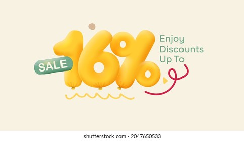 Special offer sale 16% discount 3D number Yellow tag voucher vector illustration. Discount season label 16 percent off promotion advertising summer sale coupon promo marketing banner holiday weekend